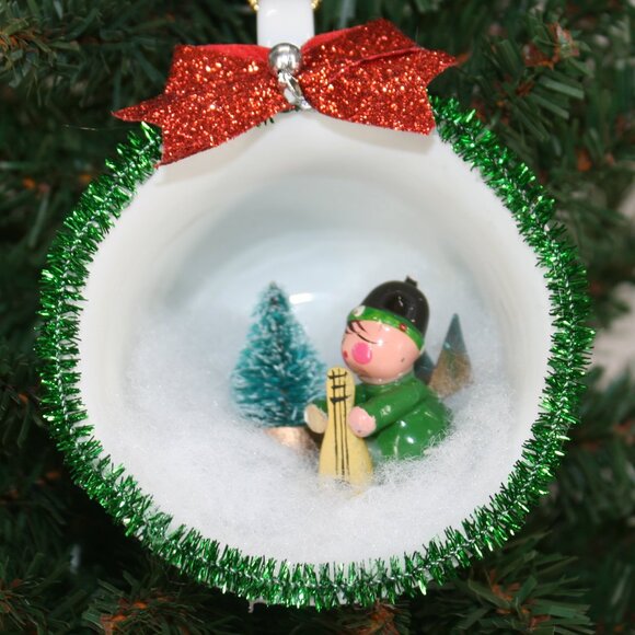 HAND CRAFTED Christmas Ornament Upcyled Teacup Musical Angel Winter Scene Green - Picture 1 of 9